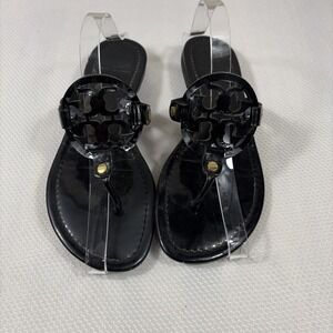 Tory Burch Miller Black Patent Leather Logo Sandals Size 8.5M